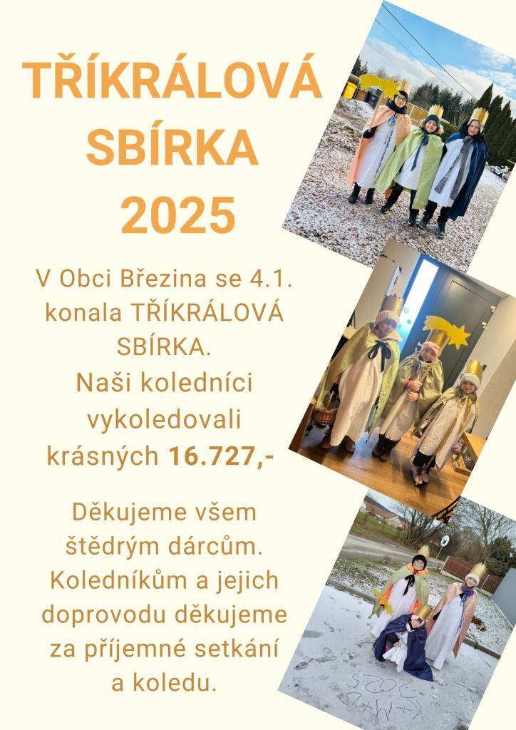 V obci Březina se v rámci Tříkrálové sbírky vybralo krásných 16.727,-  Děkujeme štědrým dárcům a koledníkům a jejich doprovodu za milou návštěvu a koledu.