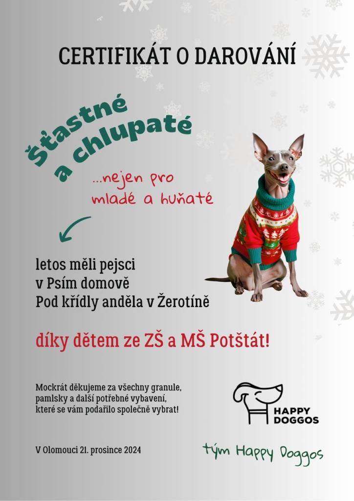 Je to černé na bílém, nebo tedy barevné na bílém! Naše děti obdržely certifikát o darování dobrotek a hraček pro chlupáče. :)