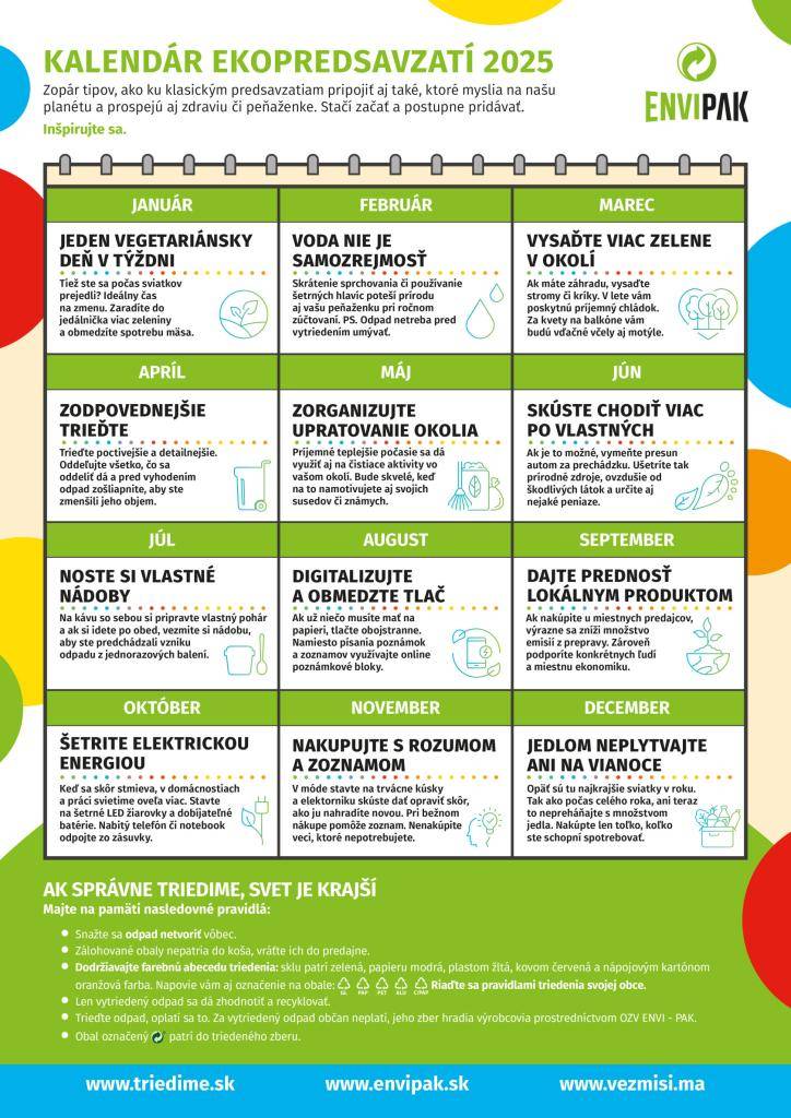 OZV ENVI - PAK pripravila 12 tipov, na každý mesiac jeden, ako sa správať lepšie nielen k vlastnému zdraviu či peňaženke, ale aj k našej planéte. Stačí začať s jedným a každý ďalší mesiac pridať nové.