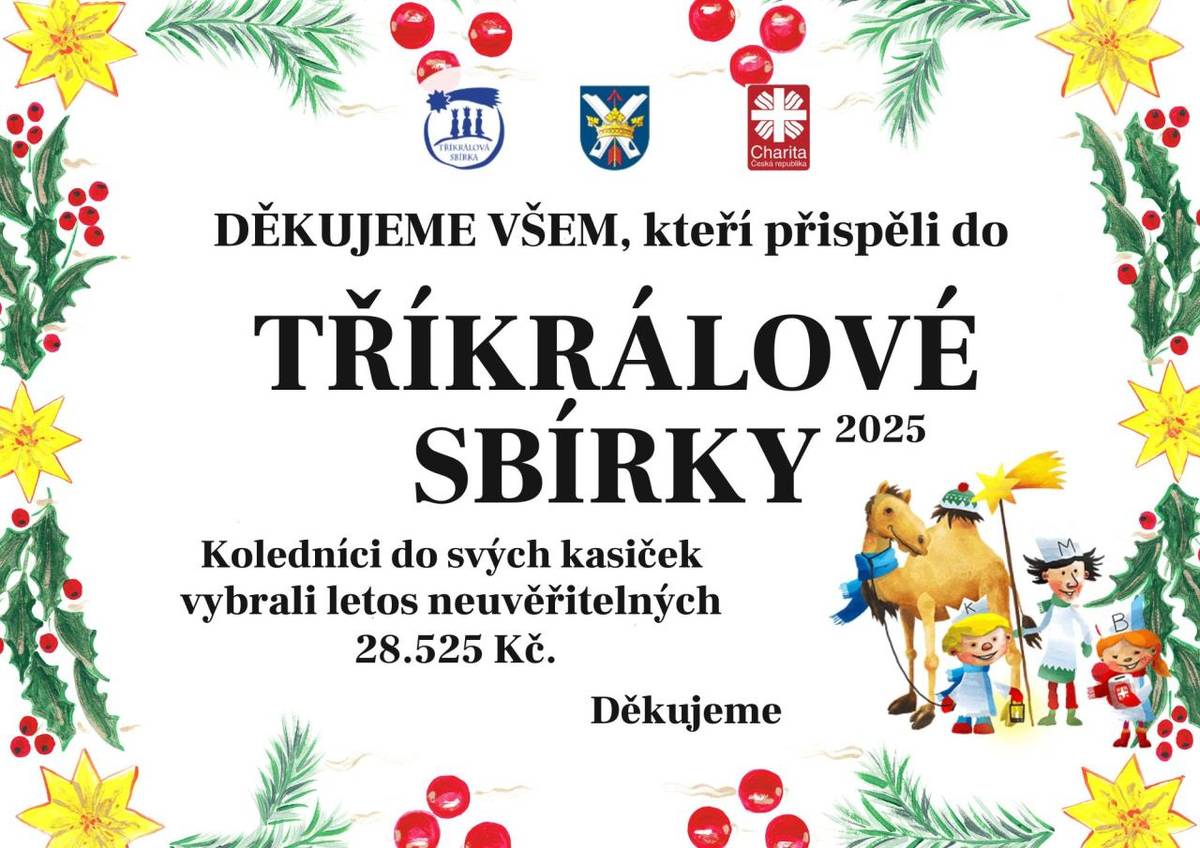 Děkujeme všem, kteří přispěli do tradiční Tříkrálové sbírky. Letos se povedlo vybrat částku 28.525 Kč.  Letos jsme se spojili s Farní charitou v Novém Strašecí. Vůbec netušili, že je u nás tahle sbírka tolik oblíbená a lidé tak štědří. Ještě jednou děkujeme.