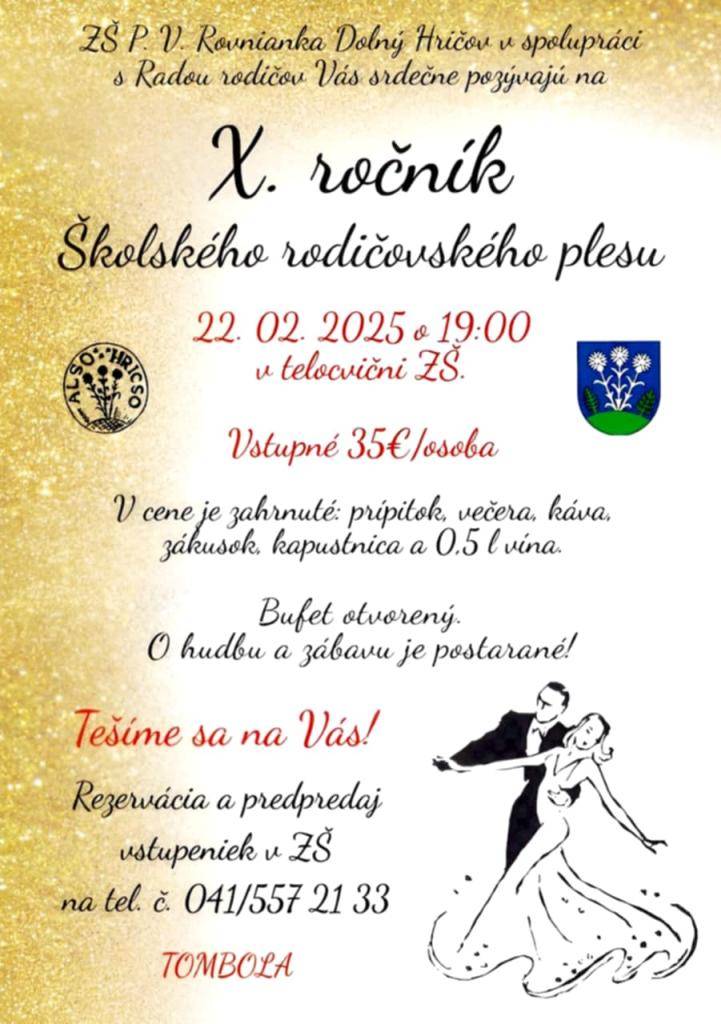 Školský rodičovský ples v obci Dolný Hričov - srdečne Vás pozývame !