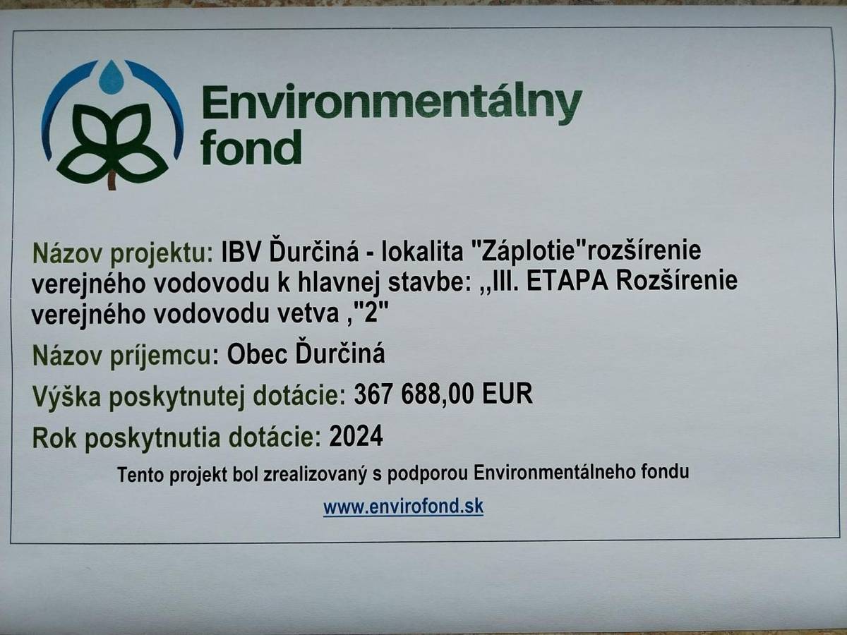 Projekt realizovaný s podporou Environmentálneho fondu. Výška poskytnutej dotácie 367.688 ,- €.