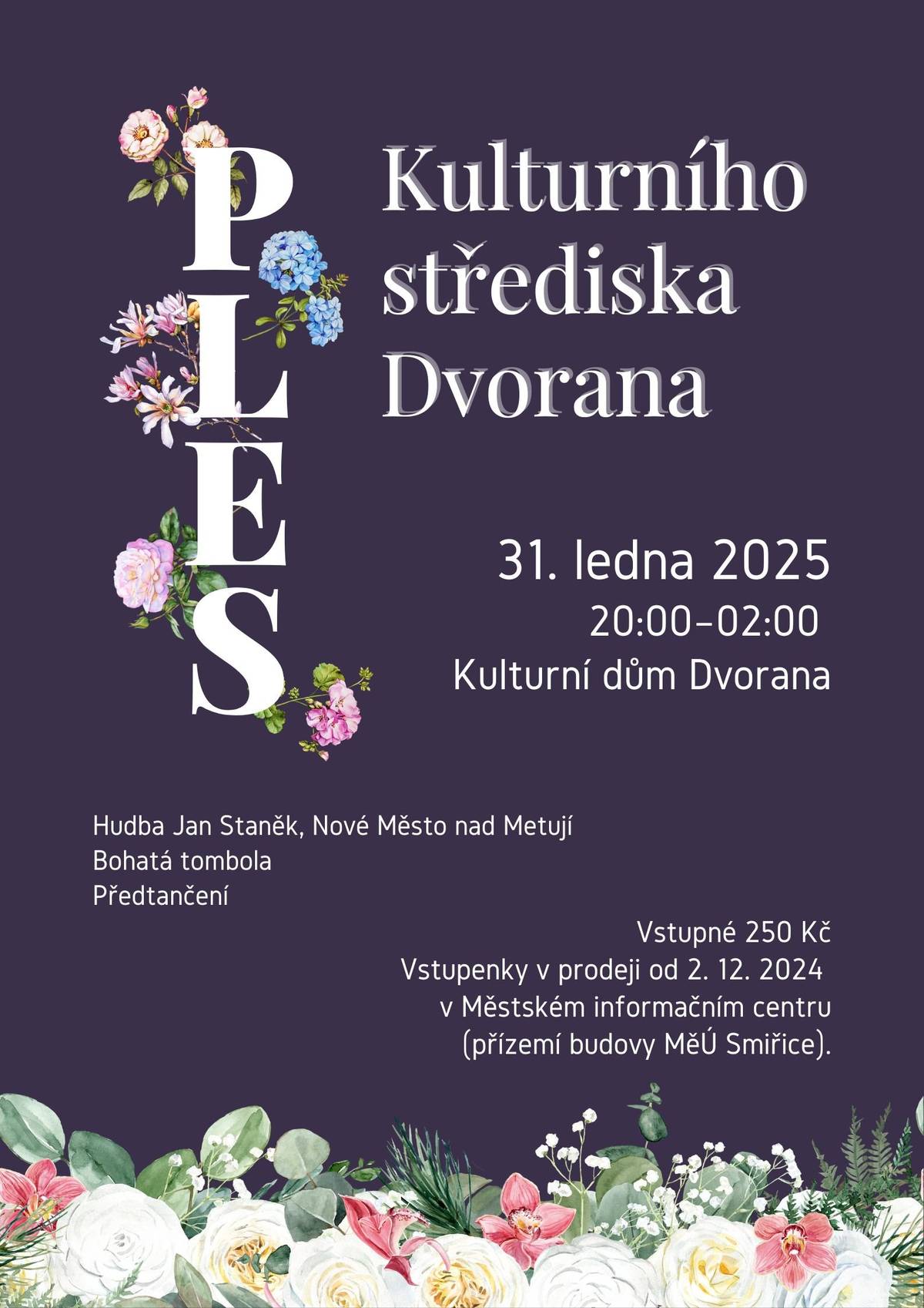 Pozvánka na ples Kulturního střediska Dvorana ve Smiřicích