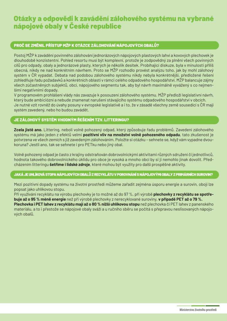 Otázky a odpovědi k zavádění zálohového systému na vybrané nápojové obaly v ČR