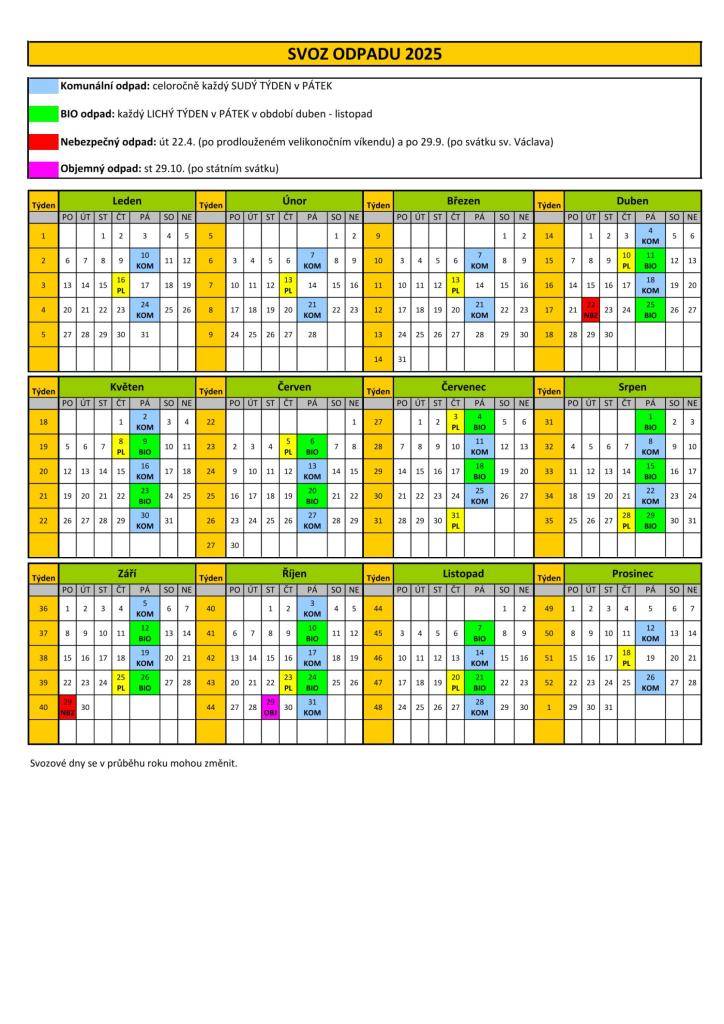 Kalendář svozu odpadů z domácností na rok 2025 - viz. příloha.