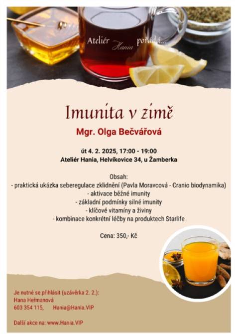 Přijďte v úterý 4.2.2025 od 17 - 19 h do Ateliér Hania, Helvíkovice 34  Cena: 350 Kč  Je nutné se přihlásit(uzávěrka 2.2.) na tel.: 603 354 115  nebo na Hania@Hania.VIP