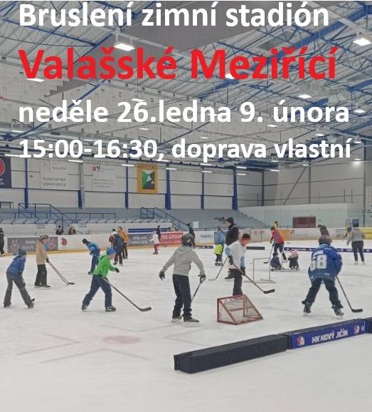 Přijďte si zabruslit na veřejné bruslení v neděli 26. ledna na zimním stadionu ve Valašském Meziříčí. Lední plocha je pronajata od 15:00 do 16:30. Dopravu si každý zajišťuje sám. Nezapomeňte si vzít brusle a vyrazte si užít zábavné odpoledne na ledě!