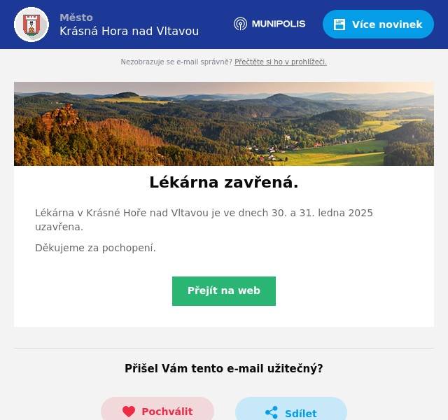 Lékárna v Krásné Hoře nad Vltavou je ve dnech 30. a 31. ledna 2025 uzavřena. Děkujeme za pochopení.