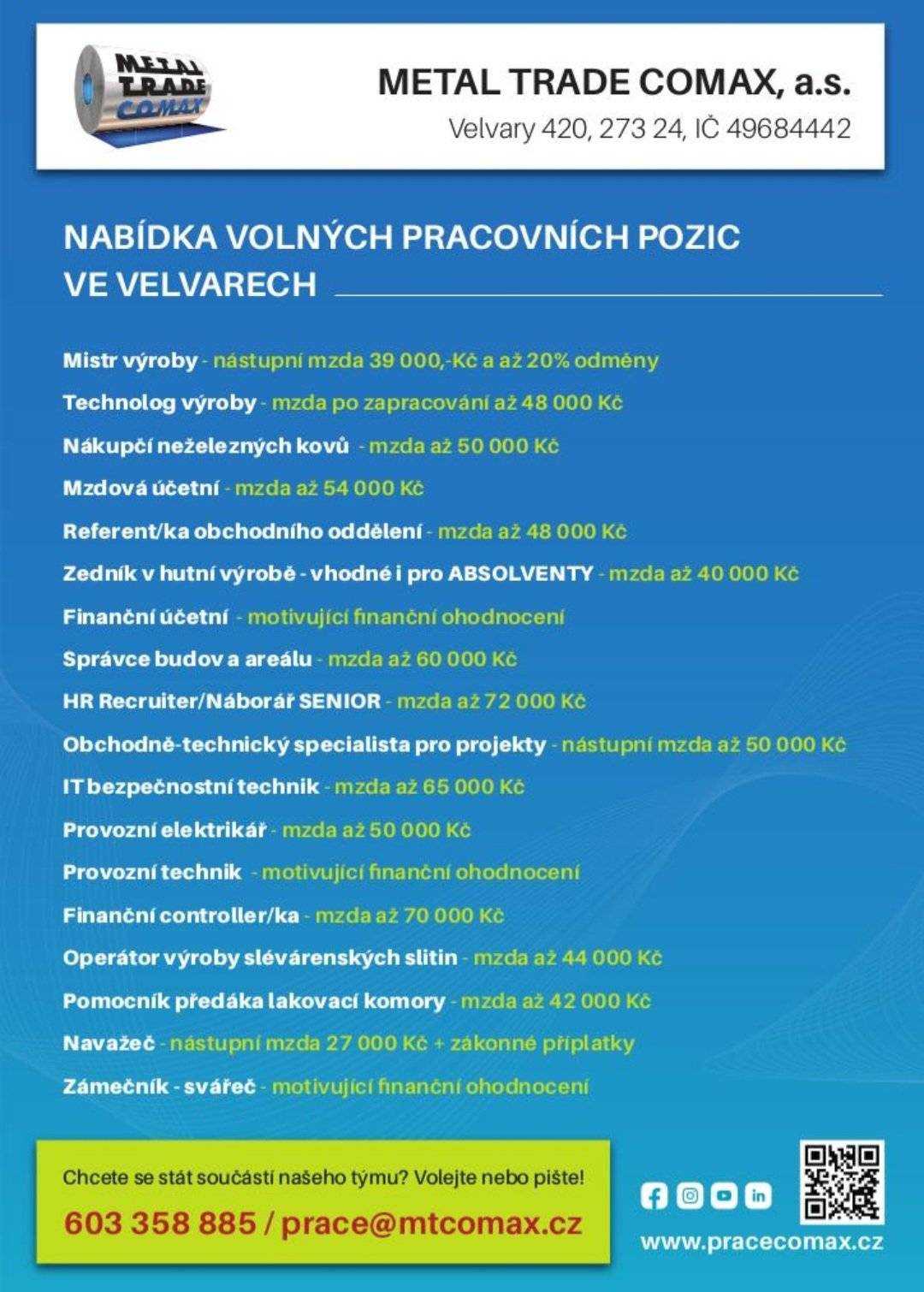 Společnost sídlící ve Velvarech nabízí volná pracovní místa.