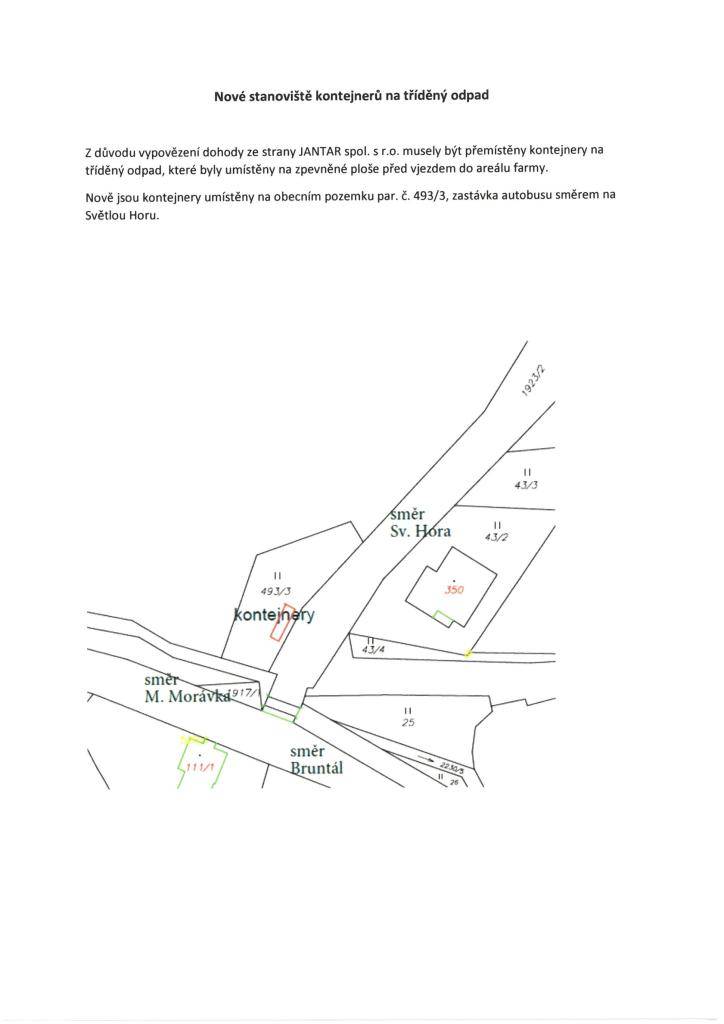 Upozornění na přemístění kontejnerů na tříděný odpad  ve spodní části obce