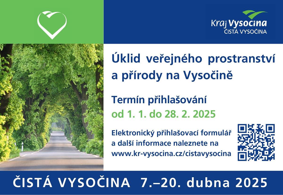 Osvětová akce Čistá Vysočina v rámci kampaně Den Země, který připadá na 22. dubna, spojená s jarním úklidem přírody, se uskuteční už po šestnácté. Tradiční sběr odpadků se týká především okolí silnic a veřejných prostranství v obcích a městech na Vysočině. Od 1. ledna 2025 se mohou skupiny i jednotlivci registrovat a rezervovat si úseky, které následně v dubnu pomohou uklidit. Dobrovolníci vyrazí do terénu v termínu od 7. do 20. dubna 2025. Registrace úseků, které dobrovolníci uklidí, už běží a potrvá do konce února v aplikaci akce Čistá Vysočina. „Účastník nebo zástupce organizované skupiny si tam může sám vybrat lokalitu, kterou chce zbavit nepořádku. Sebrané odpadky na takto nahlášených úsecích silnic II. a III. třídy mimo obce zdarma odveze a jejich likvidaci zajistí spolupracující Krajská správa a údržba silnic Vysočiny (KSÚSV), ze silnic I. třídy potom Ředitelství silnic a dálnic ČR (ŘSD ČR). U ostatních úseků si musí odvoz a uložení zajistit sbírající po domluvě s vlastníkem pozemku, což bývá nejčastěji obec,“ vysvětlil radní Kraje Vysočina pro oblast životního prostředí Pavel Řehoř. Důležitou skutečností také je, že úklid může probíhat kdekoli u veřejných komunikací. Okolí silnic, především těch extrémně frekventovaných, které si veřejnost nevybere, bude uklizeno v průběhu roku pracovníky KSÚSV, což je obvyklá praxe. „Úklid kolem krajských silnic ročně přijde na více než jeden milion korun. Díky akci Čistá Vysočina se uklidí kolem silnic rychleji a my přispějeme tím, že odpad svezeme a předpisově zlikvidujeme. Velice si dobrovolnictví v rámci Čisté Vysočiny vážíme,“ uvedl ředitel Krajské správy a údržby silnic Vysočiny Radovan Necid. I když si pro úklid lidé vyberou méně frekventovanou silnici, stále je kladen velký důraz na zajištění bezpečnosti všech účastníků při pohybu kolem komunikací během sběru. Proto je důležité, aby všichni účastníci měli reflexní vesty. Vhodné je využití vest, které jsou řidiči povinni vozit v autech. Pro menší děti a školy je vhodnější využít ke sběru odpadků úseky komunikací uvnitř obcí a veřejná prostranství v blízkosti škol.  V minulých letech se pravidelně zapojovalo více než 20 tisíc dobrovolníků a vždy vysbírali 70 až 100 tun odpadků. V loňském roce to bylo za přispění více než 30 tisíc účastníků 64 tun. Podle některých sběračů, například školáků, pro které jde o určitou formu osvěty a příjemný pobyt na čerstvém vzduchu, lze sledovat pozitivní trend. Čistá Vysočina je realizována v rámci projektu Zdravý Kraj Vysočina a MA21, jehož hlavním účelem je naplňování cílů udržitelného rozvoje v Kraji Vysočina, a to už od roku 2009.   Čistá Vysočina! Děkujeme, že jste s námi! Více informací a tomto odkazu: https://www.kr-vysocina.cz/cista-vysocina-zacala-registrace-dobrovolniku-pridejte-se-k-jarnimu-uklidu-regionu/d-4129941