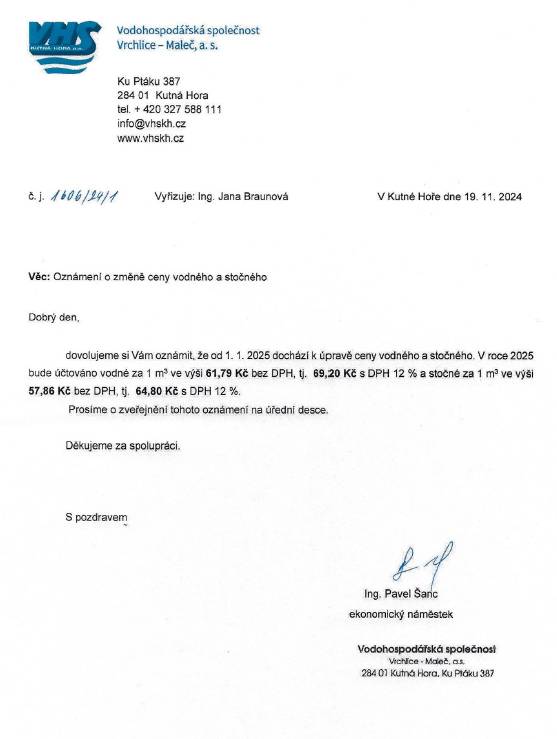 Vodohospodářská společnost Vrchlice-Maleč a.s. informuje o úpravě cen vodného a stočného od 1. ledna 2025.