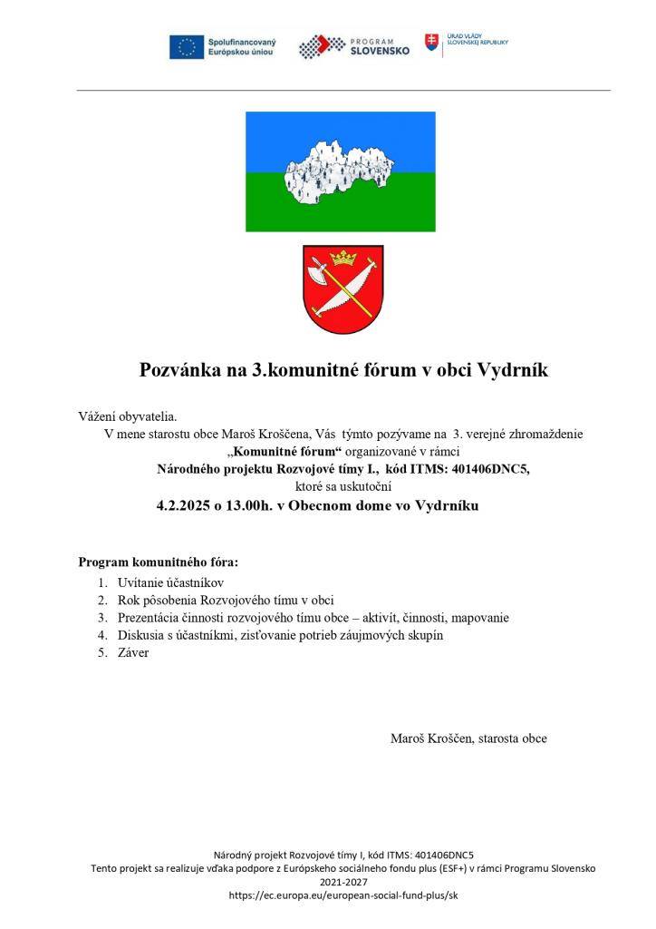 Pozvánka - komunitné fórum vo Vydrníku