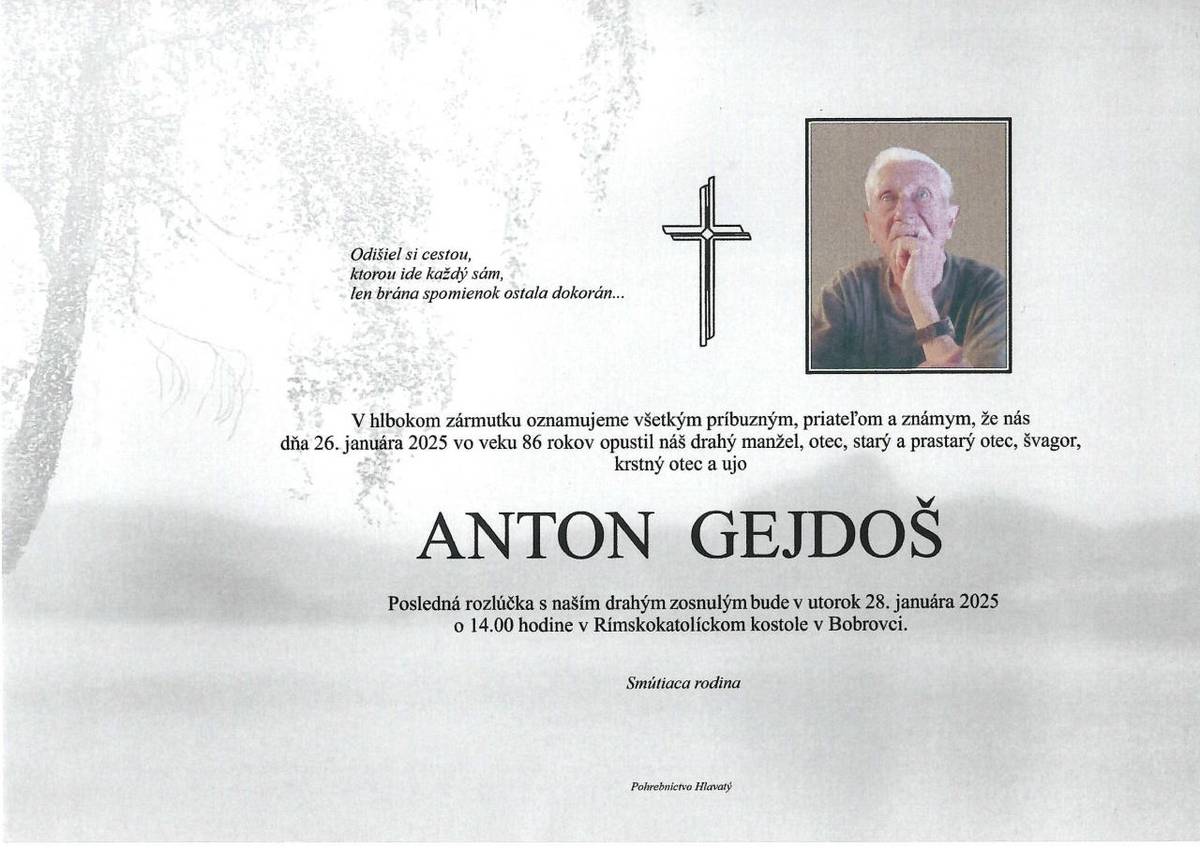 Smútočné oznámenie Anton Gejdoš