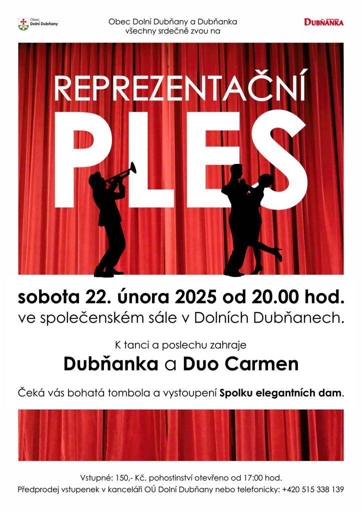 Obec Dolní Dubňany a dechová hudba Dubňanka Vás srdečně zvou na Reprezentační ples, který proběhne v sobotu 22. února 2025 ve společenském sále v Dolních Dubňanech!