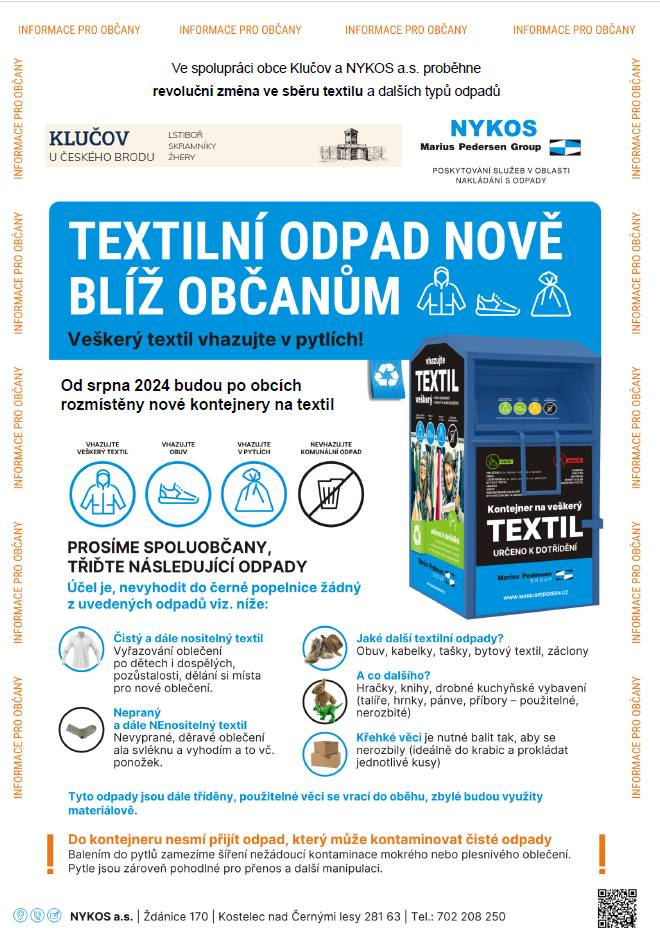 Ve spolupráci s firmou NYKOS a.s. proběhne revoluční změna ve sběru textilu a další typů odpadů.  NOVÉ KONTEJNERY BUDOU K DISPOZICI BĚHEM SRPNA!
