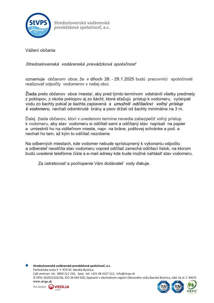 StVPS a.s., odpočty vodomerov v našej obci v dňoch 28.-29.1.2025