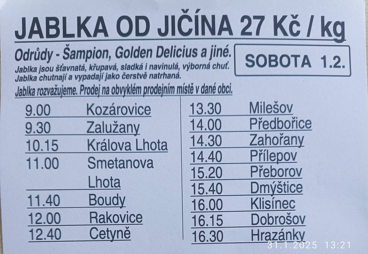 V sobotu 1. února v 13 hodin 30 minut se bude konat prodej jablek od Jičína v Milešově na návsi.