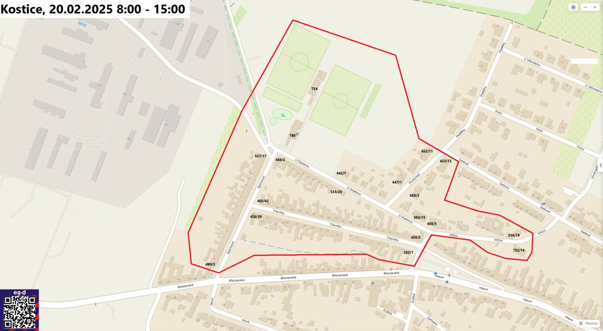 Z důvodu plánovaných prací bude 20.2.2025 od 8:00 do 15:00 hod. přerušena dodávka el. energie na ulicích U Stadionu, Pionýrská, Příční, Trávníky a Sportovní.