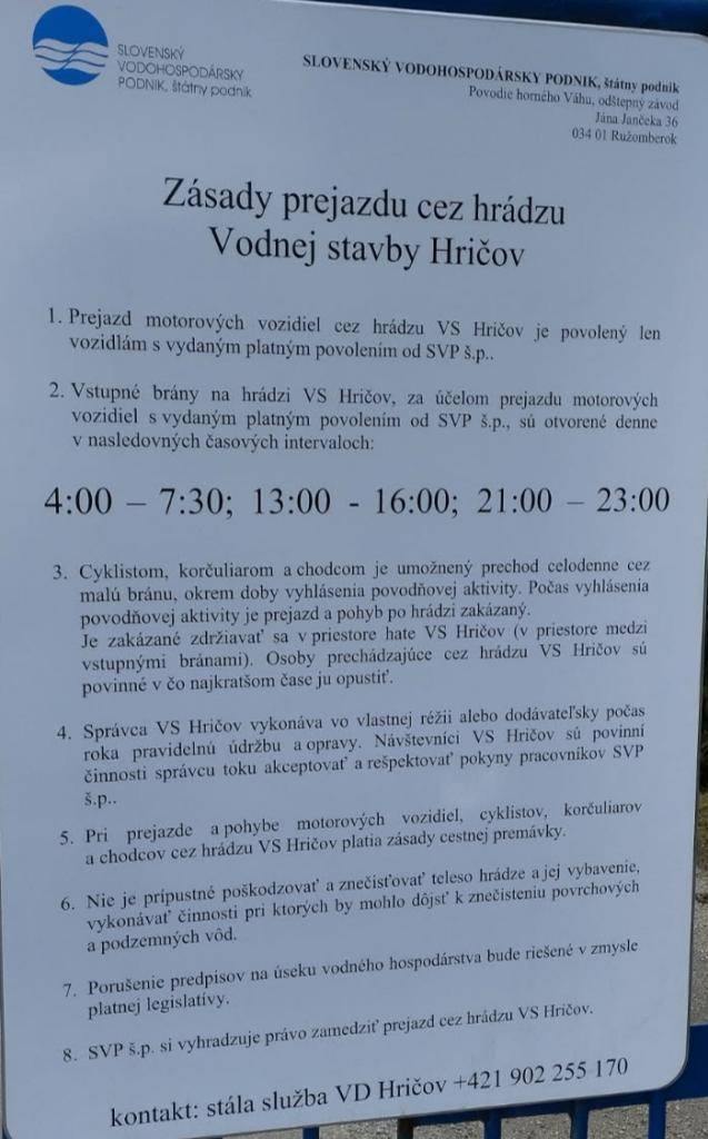 SVP, š.p. obmedzila prejazd cez hrádzu Vodnej stavby Hričov