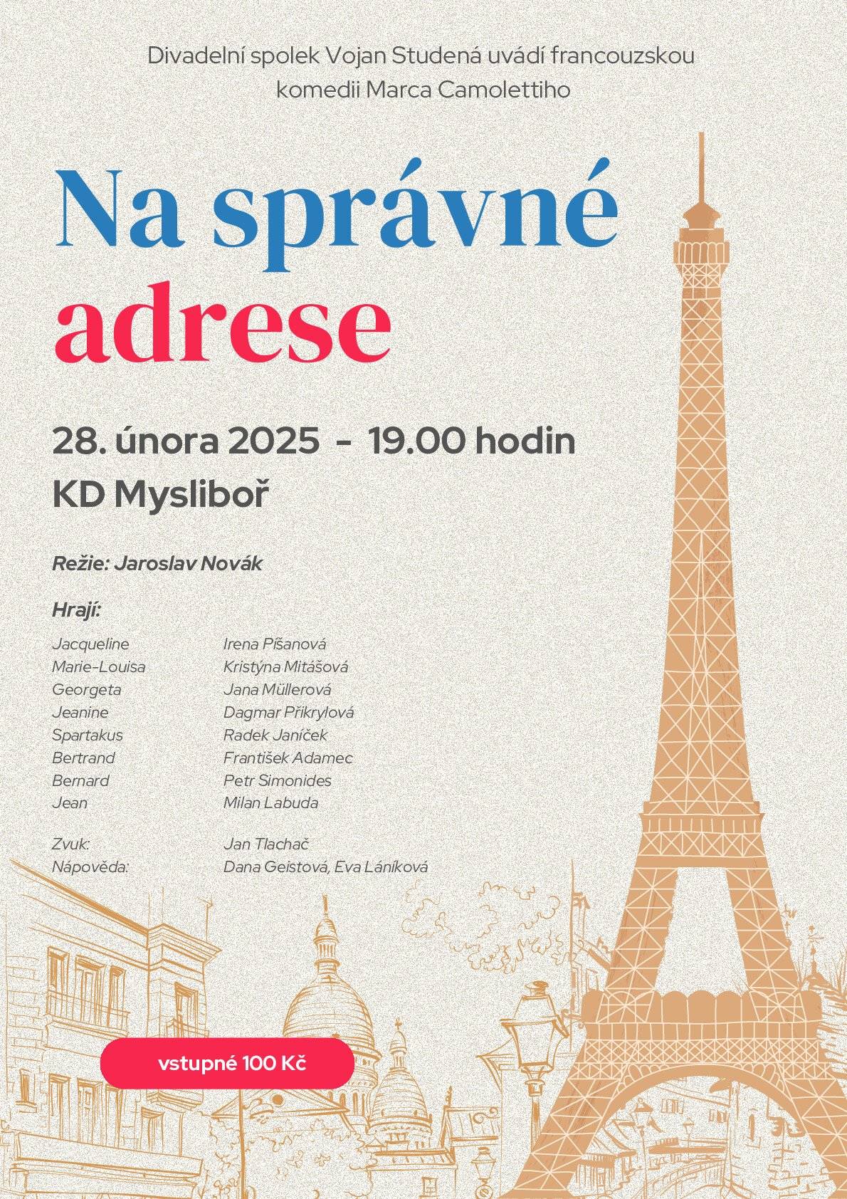 Divadelní spolek Vojan Studená zve na francouzskou komedii "Na správné adrese" - 28. února 2025 od 19:00 hod. v KD Mysliboř.