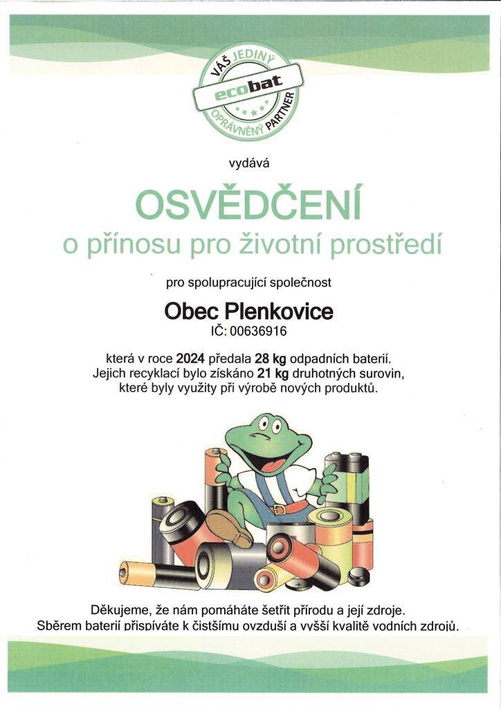 Osvědčení o přínosu pro životní prostředí pro Obec Plenkovice, která v roce 2024 předala 28 kg odpadních baterií.