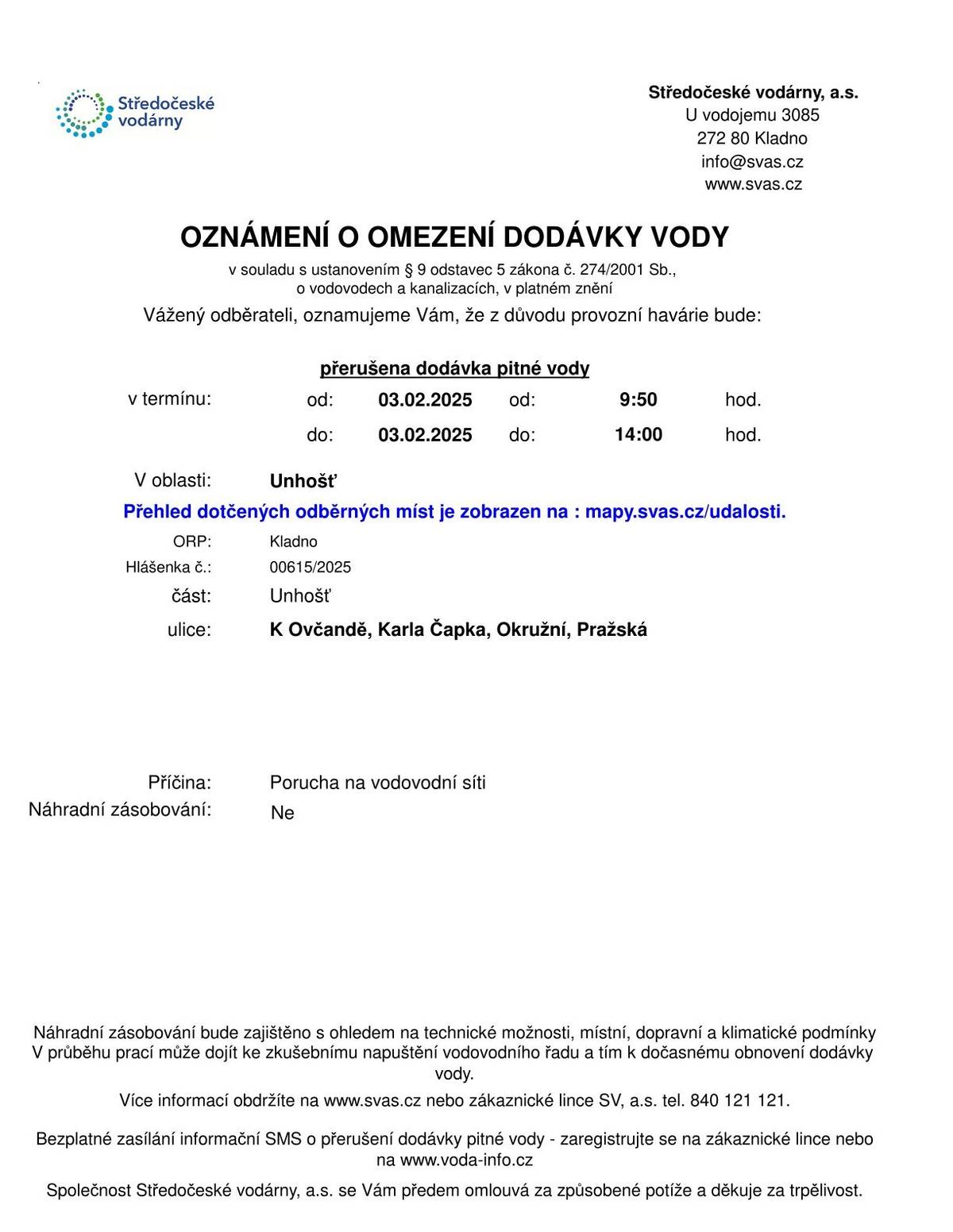 Oznámení o omezení dodávky vody