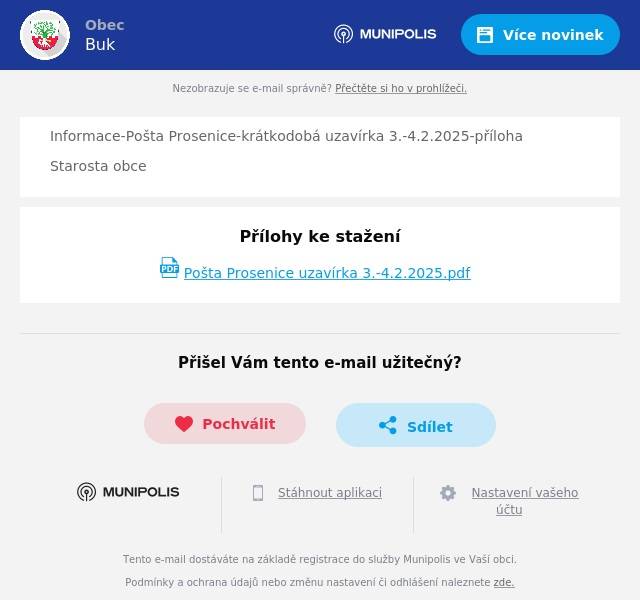 Informace-Pošta Prosenice-krátkodobá uzavírka 3.-4.2.2025-příloha Starosta obce