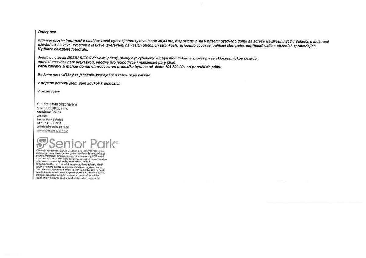 abídka bezbariérového bydlení pro seniory - Sokoleč