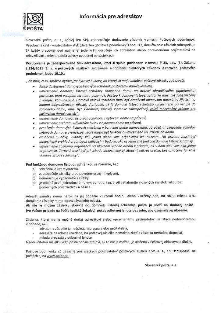 Informácia pre adresátov- Slovenská Pošta