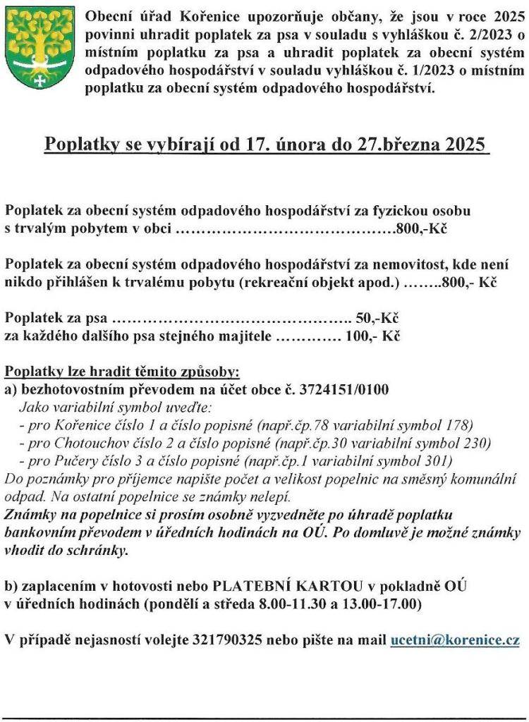 Poplatky se vybírají od 17. února do 27. března 2025