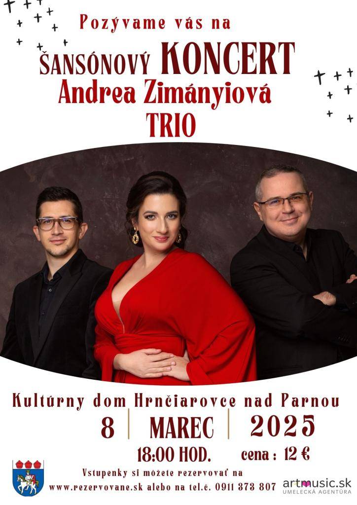 Vážení občania,  pozývame vás na šansónový koncert Andrea Zimányiová Trio,  ktorý sa uskutoční 8.3.2025 o 18:00 hod. v KD Hrnčiarovce nad Parnou.