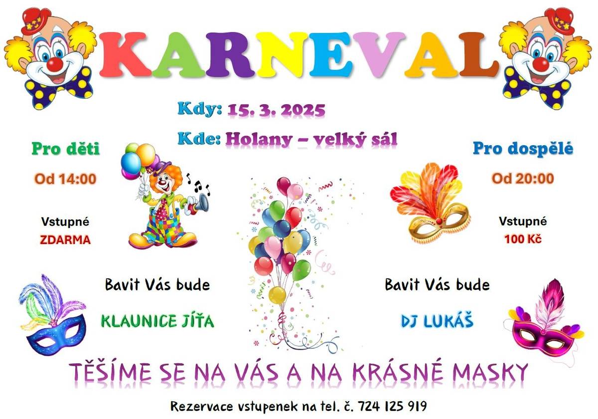 Pozvánka na maškarní karneval odpolední pro děti, večerní pro dospělé 15.3.2025.