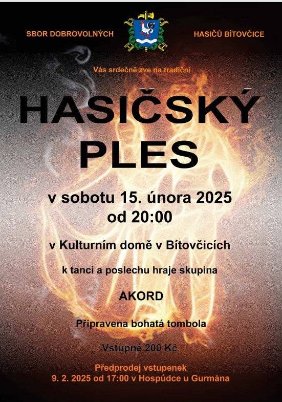 Pozvánka na tradiční hasičský ples 15.2.2024 Připravena bohatá tombola