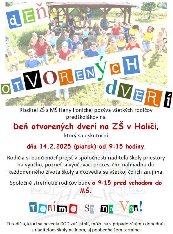 ZŠ v Haliči Vás pozýva na deň otvorených dverí 14.2.2025 o 9.15 h.