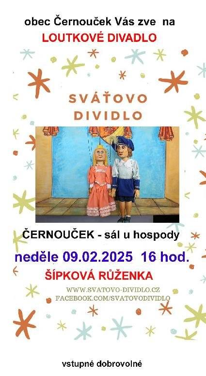 Obec Černouček zve na loutkové divadlo na místním sále  9.2. 2025 od 16:00.