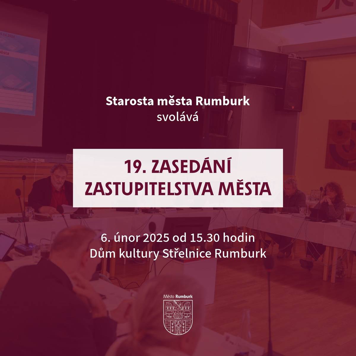 Starosta města Rumburk svolává 19. zasedání zastupitelstva města, které se koná ve čtvrtek 6. února 2025 od 15.30 hodin v sále Domu kultury Střelnice Rumburk.    Živé vysílání https://www.youtube.com/@mesto.rumburk/streams