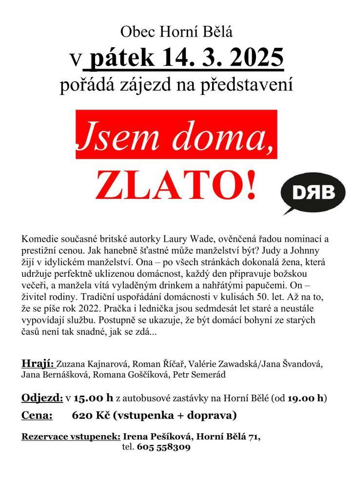 Pořádáme zájezd na divadelní představení Divadla Radka Brzobohatého - Jsem doma, zlato!
