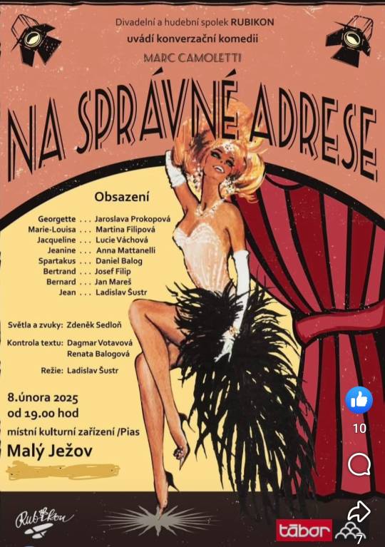 Vážení spoluobčané, SDH Malý Ježov Vás zve na divadelní představení NA SPRÁVNÉ ADRESE v sobotu 8.2.2025 od 19. hod. do  Malého Ježova.