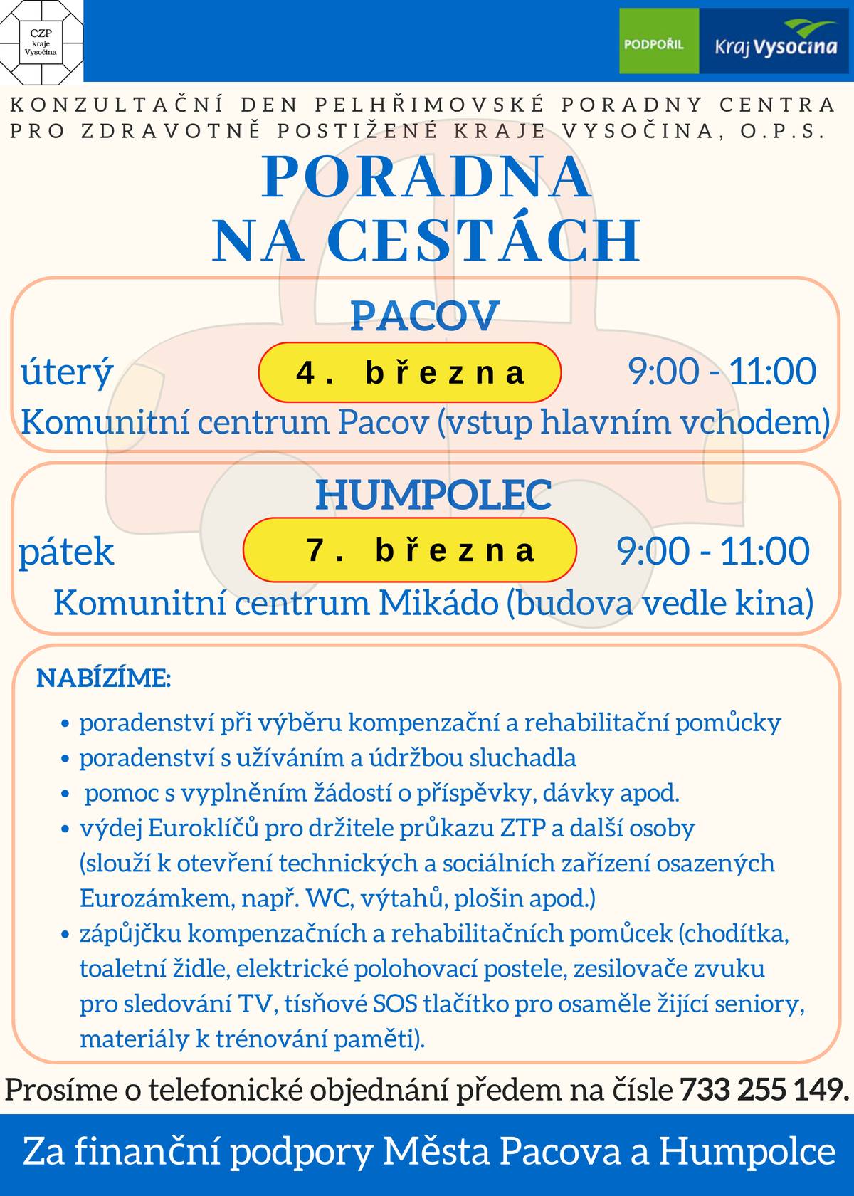 CZP kraje Vysočina vyráží s Poradnou na cesty do Humpolce, Pacova a do Senožat. Více informací naleznete v příloze. Jelínková
