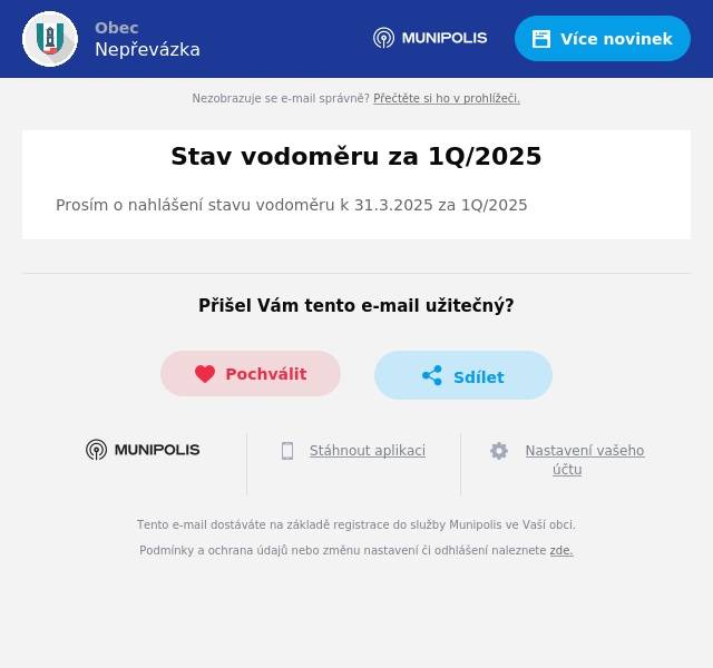 Prosím o nahlášení stavu vodoměru k 31.3.2025 za 1Q/2025