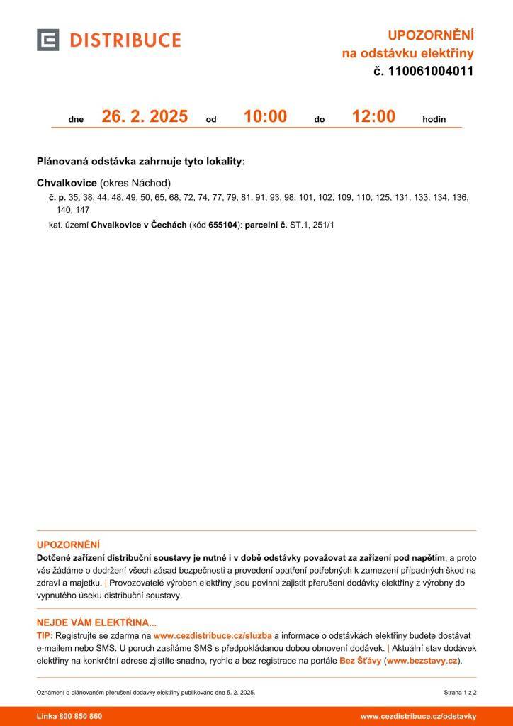 ČEZ - odstávka elektřiny 26.2.2025 10:00-12:00hod Chvalkovice