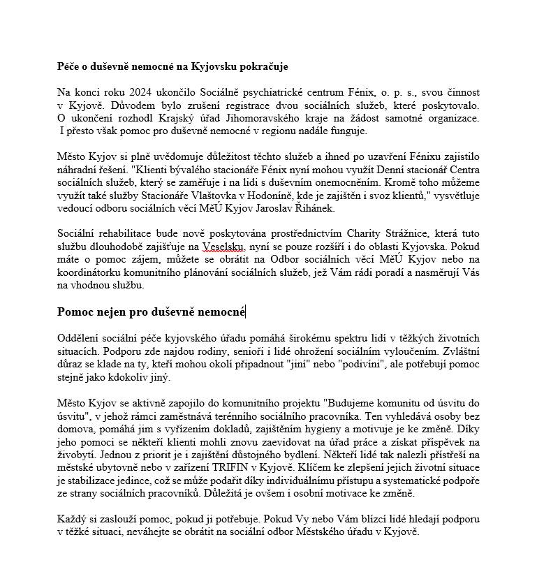 PÉČE O DUŠEVNĚ NEMOCNÉ NA KYJOVSKU