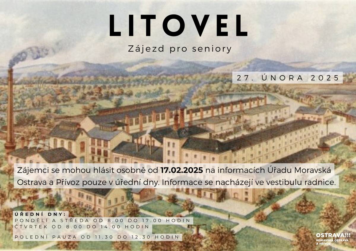 Na první letošní zájezd pro seniory se v tomto roce vydáme 27. února do města Litovel, kde nás čeká komentované prohlídka města a následně exkurze v místním pivovaru včetně degustace.   Zájemci, kteří splňují podmínky, jimiž jsou věk 65 let a víc a trvalý pobyt na území našeho obvodu, se mohou osobně hlásit na informacích naší radnice od 17. února 8 hodin. Podmínkou i tento rok zůstává, že každý účastník se může zúčastnit v daném roce pouze jednoho zájezdu. Na další zájezdy se může přihlásit, ale jen jako náhradník. V tomto roce se ještě vydáme v březnu za historií Hlučínska s průvodcem, v květnu do Kroměříže do květné zahrady, v srpnu do Rýmařova, kde navštívíme Hedvu Český brokát, v září navštívíme města a městečka Hukvaldského panství opět s průvodcem a poslední zájezd se uskuteční v listopadu, kdy se společně vydáme do Velehradu. V rámci zájezdu je seniorům hrazena doprava a vstupy v rámci programu.