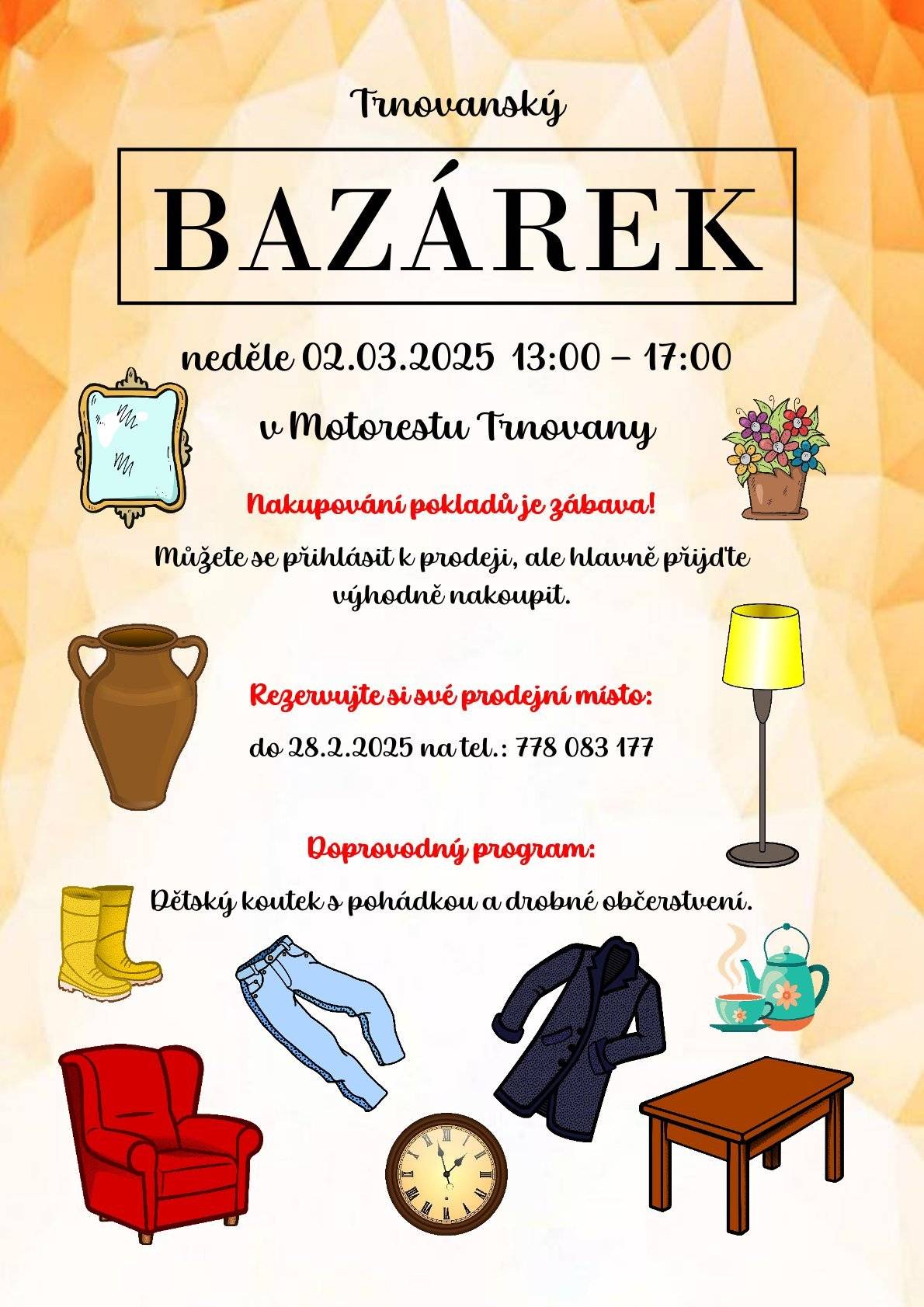 Nakupování pokladů je zábava! Přijďte na náš bazárek, kde si můžete vybrat z mnoha zajímavých a unikátních předmětů. V případě prodeje si nezapomeňte rezervovat místo. Těšíme se na vás.