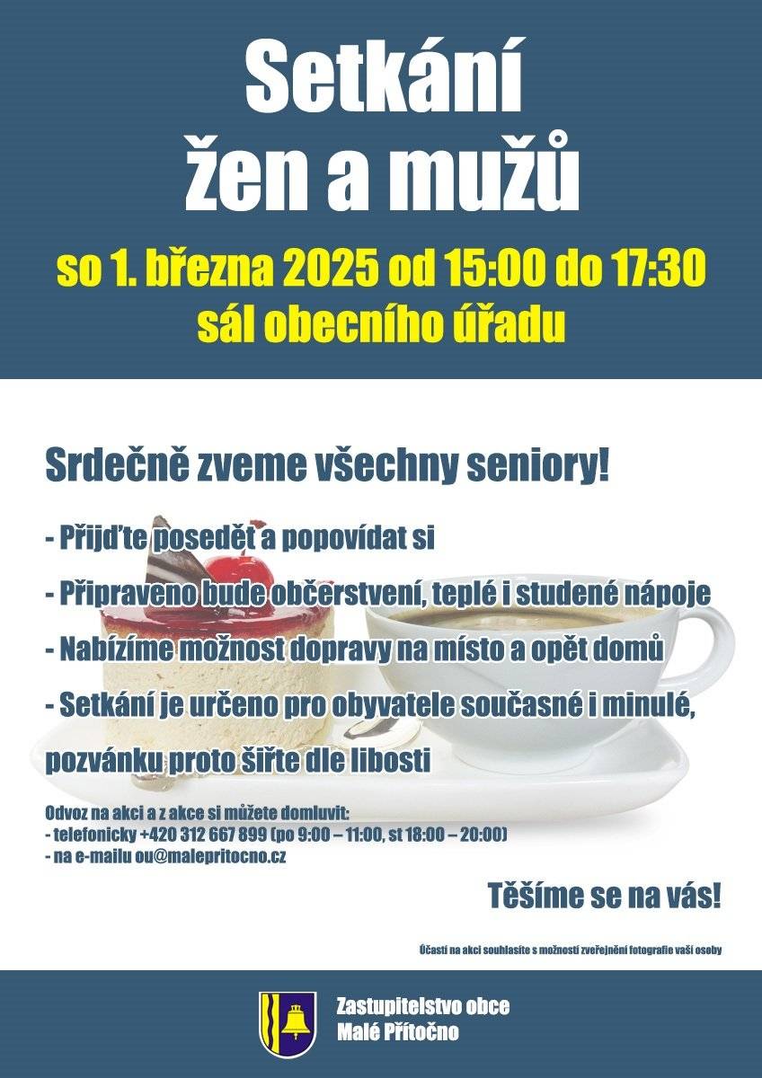 Srdečně zveme všechny seniory! Přijďte posedět v sobotu odpoledne 1. 3. 2025 od 15:00 do 17:30 na sál obecního úřadu. Připraveno bude občerstvení a teplé i studené nápoje. Nabízíme možnost dopravy na místo a opět domů. Setkání je určeno pro obyvatele současné i minulé, pozvánku proto šiřte dle libosti. Přijďte si popovídat. Těšíme se na Vás!