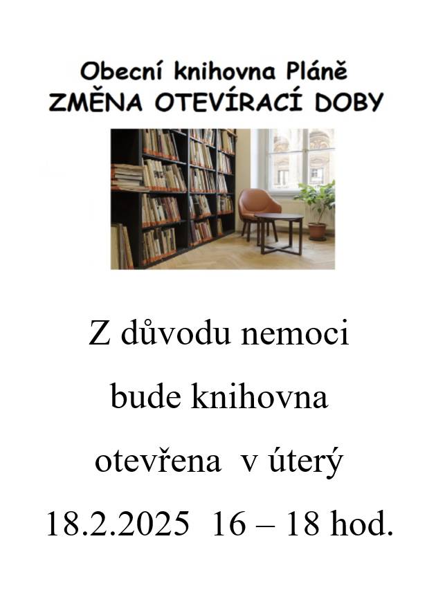 Obecní úřad upozorňuje na změnu otevírací doby knihovny.