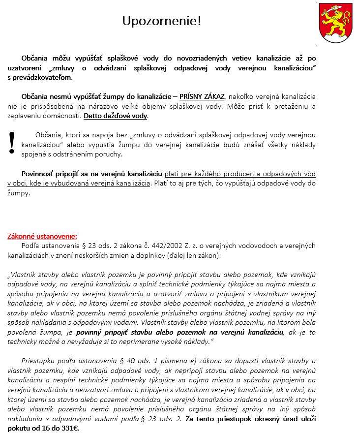 Upozornenie pre občanov k vypúšťaniu splaškovej vody do novozriadenej verejnej kanalizácie v obci Pusté Úľany.