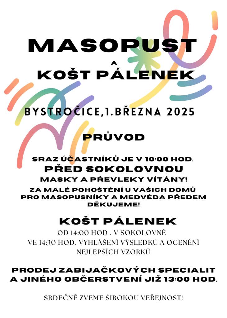 Srdečně zveme na Masopust a košt pálenek!