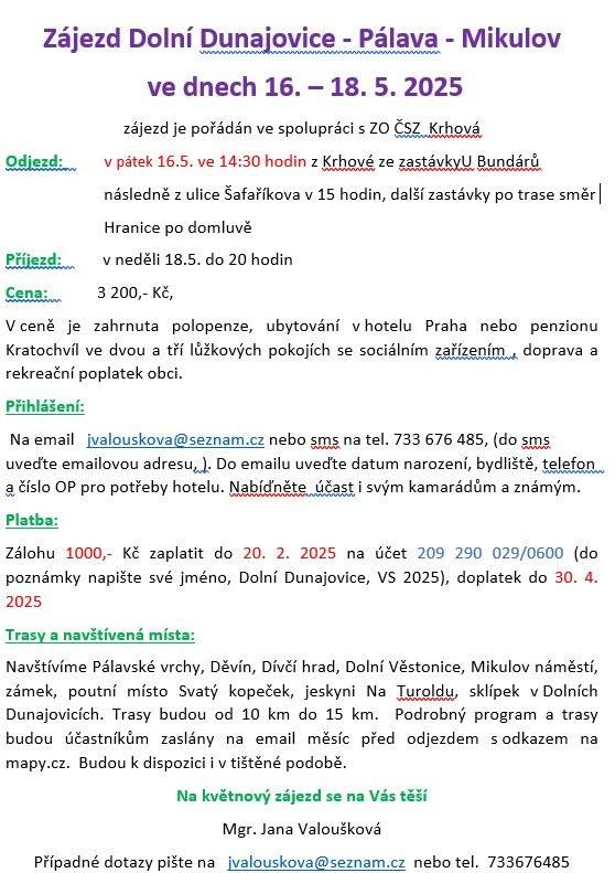 Pozvánka na květnový zájezd Dolní Dunajovice - Pálava - Mikulov